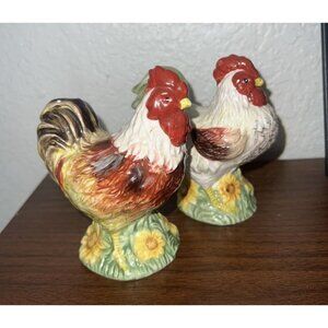 Chicken/Hen/Rooster Salt & Pepper Shakers Red, Brown Sunflowers Set